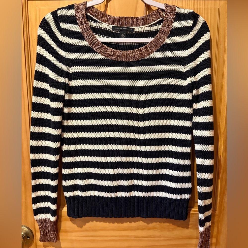 Banana Republic navy and white striped sweater with metallic gold trim XS Petite